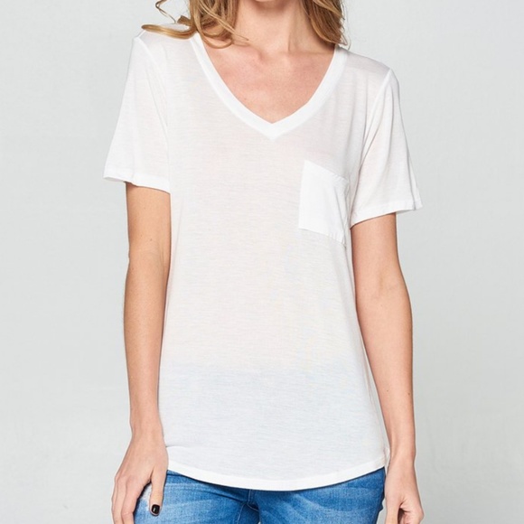 White Basic V-neck Pocket Tee - Picture 1 of 5